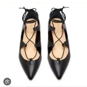 LOEFFLER RANDALL | Ambra Point Toe Leather Lace-Up Flats Black Sz 6B